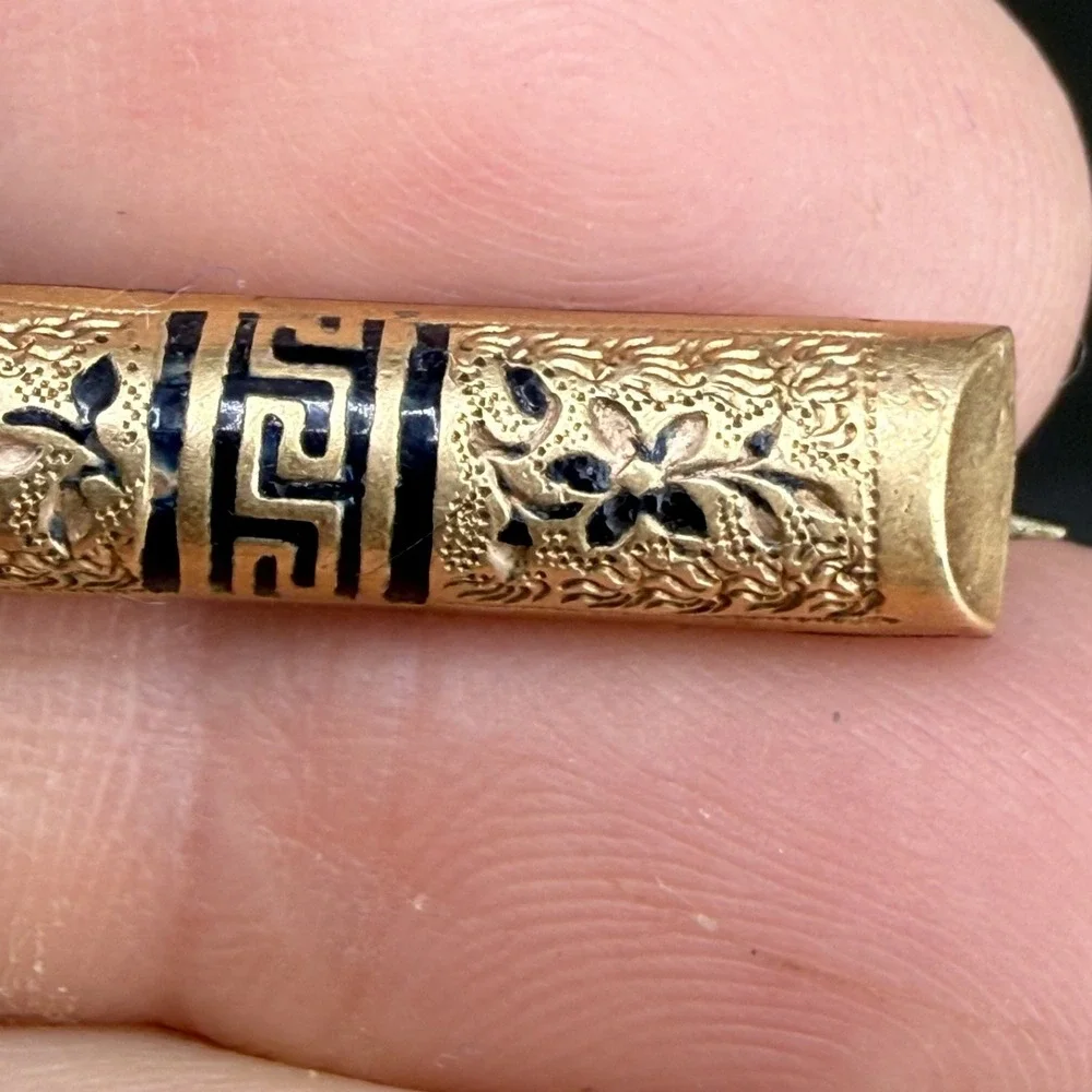 Vintage‎ Victorian Gold Filled Bar Brooch Black Enamel